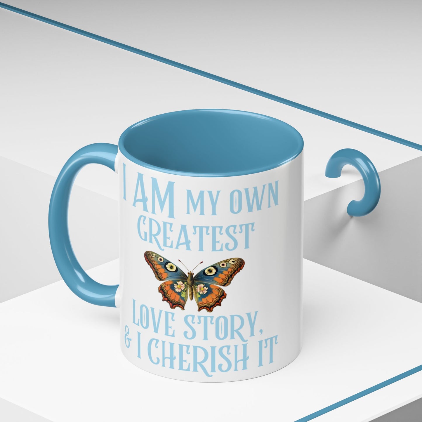 Inspirational Affirmation Mug - "I Am My Own Love Story & I Cherish It" Blue